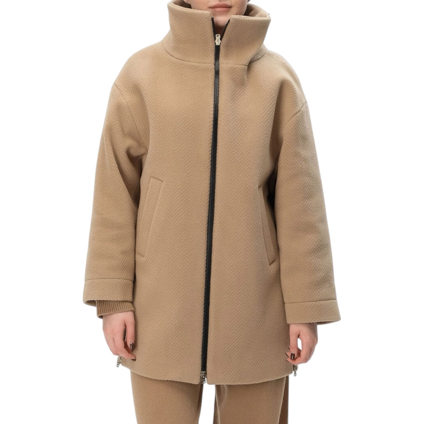 Herno Beige Herringbone Zip Up Coat - 12/14