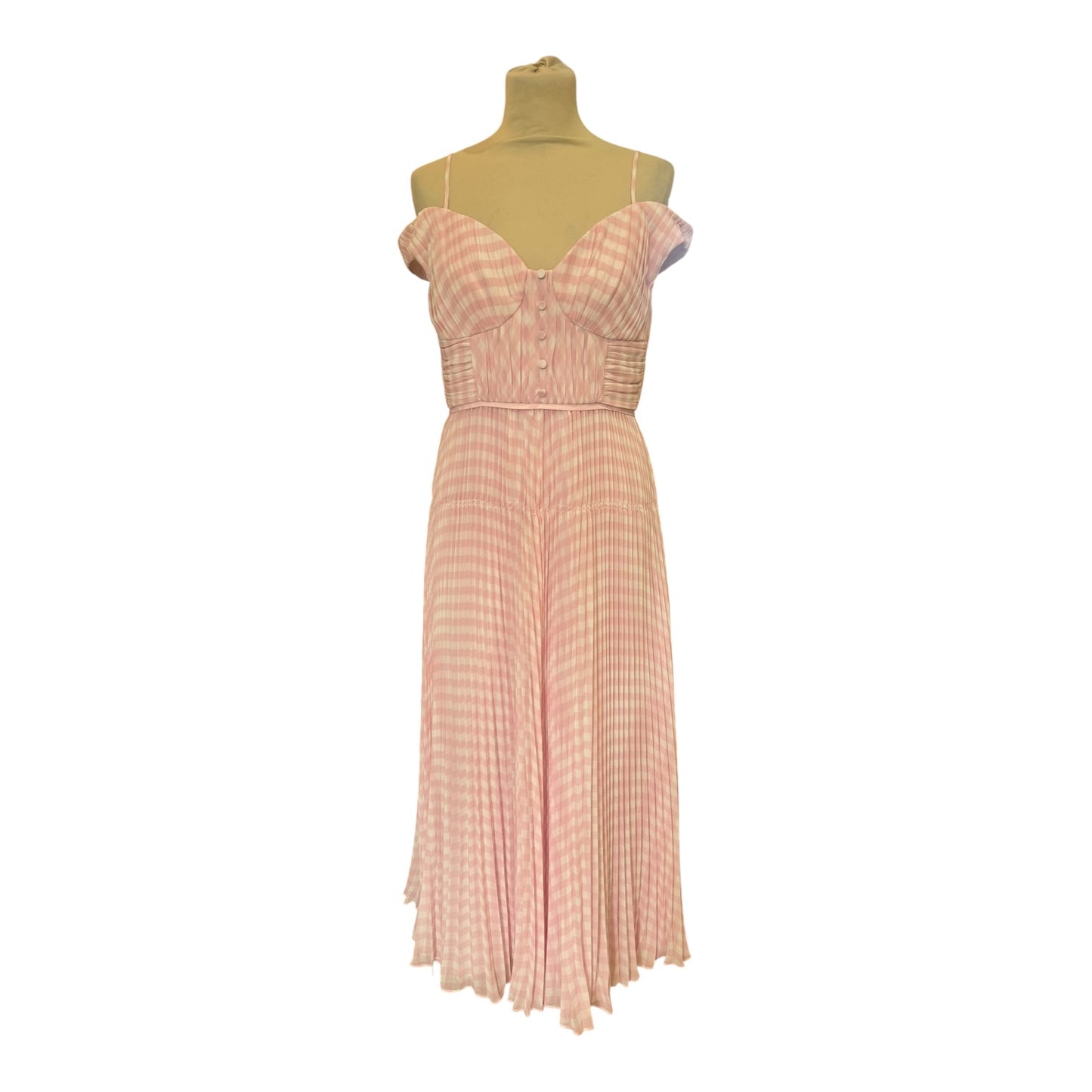 Self-Portrait Gingham Plissé Chiffon Midi Dress - 10 - NEW