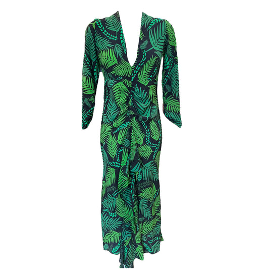 Rixo Green Silk Midi Dress with Scarf
