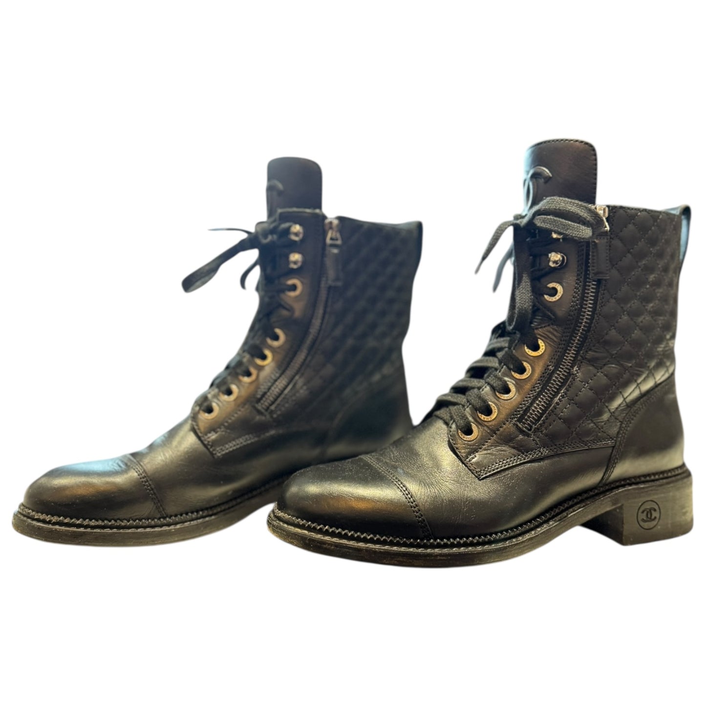 Chanel Black Quilted Leather Lace Up CC Ankle Boots - 40.5 / 7.5