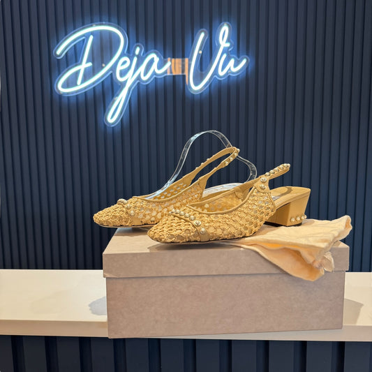 Jimmy Choo 'Hya' Raffia and Pearl Slingback Kitten Heels - 40/7