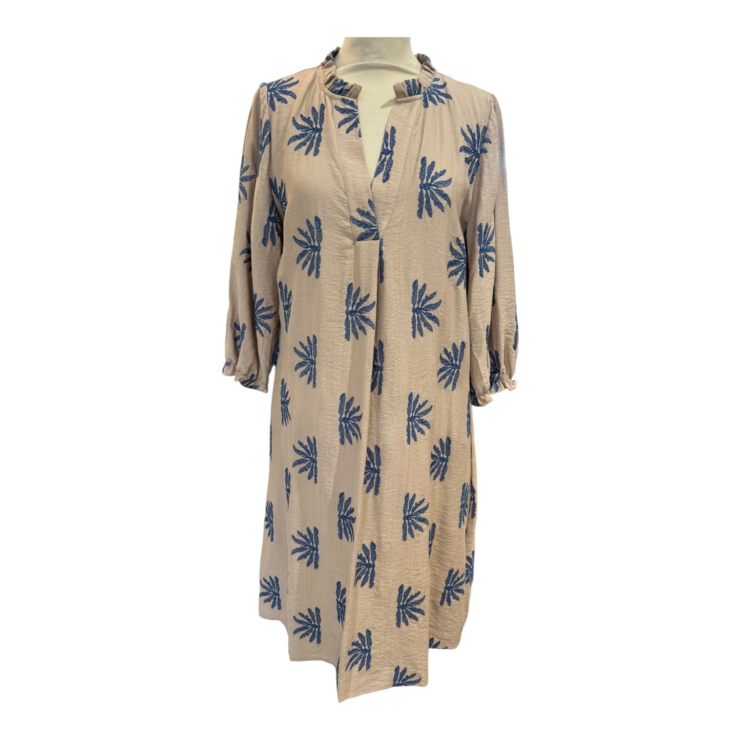 Costa Mani Miley Taupe and Navy Embroidered Dress - 12 - NEW