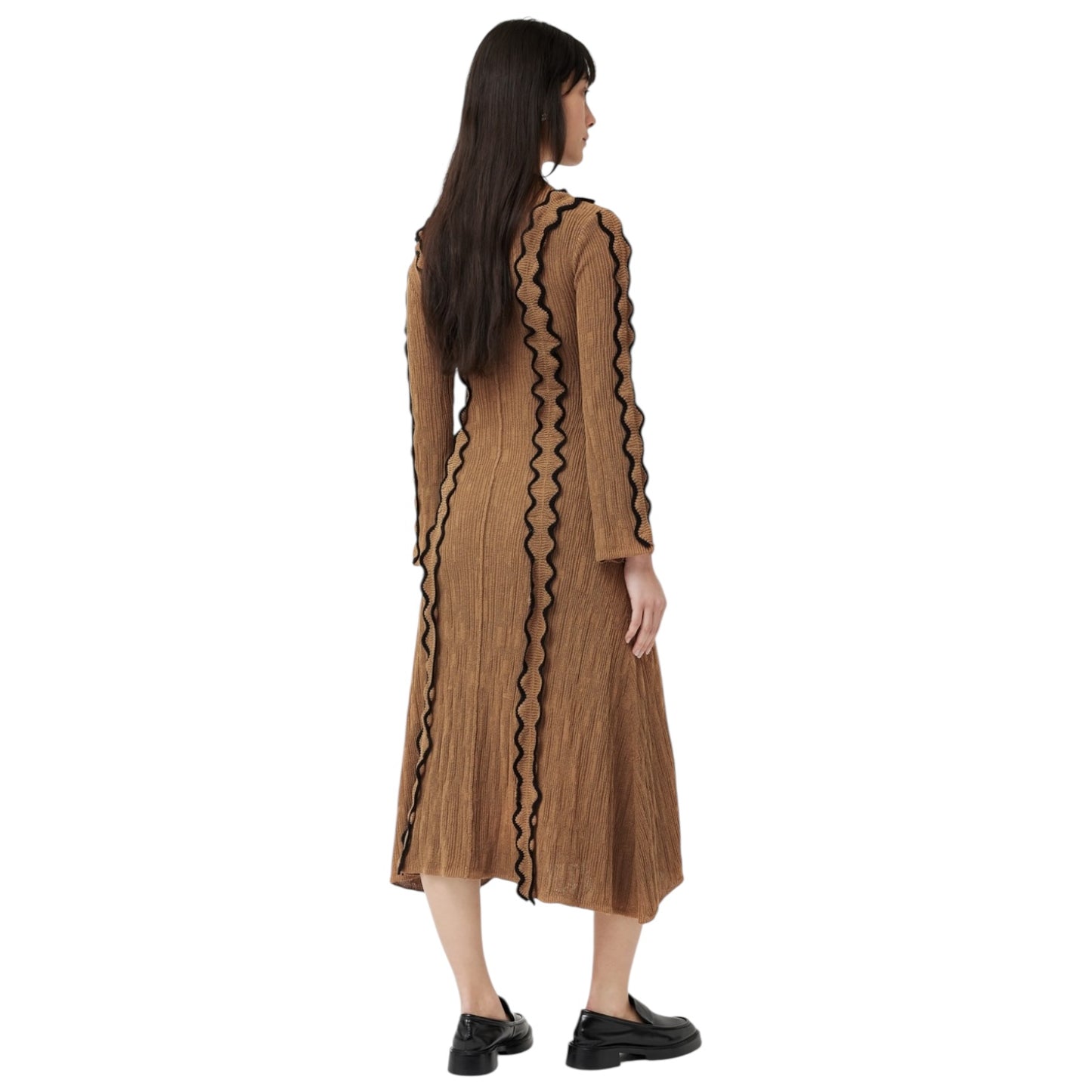 Jigsaw Camel and Black Scallop Trim Knitted Dress - 8/10
