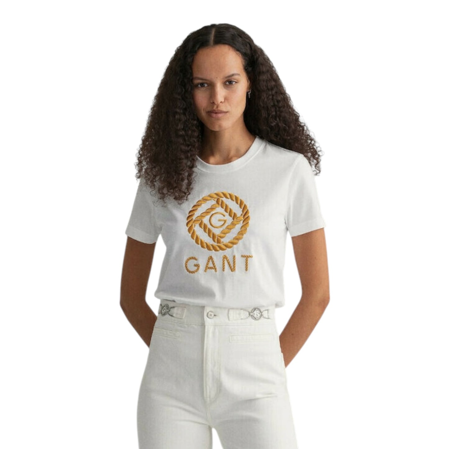 Gant White T Shirt with Gold Logo Embroidery - 12/14