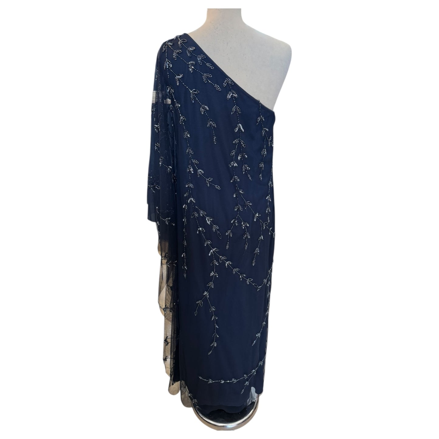 Adrianna Papell Navy Beaded One-Shoulder Evening Dress - 10