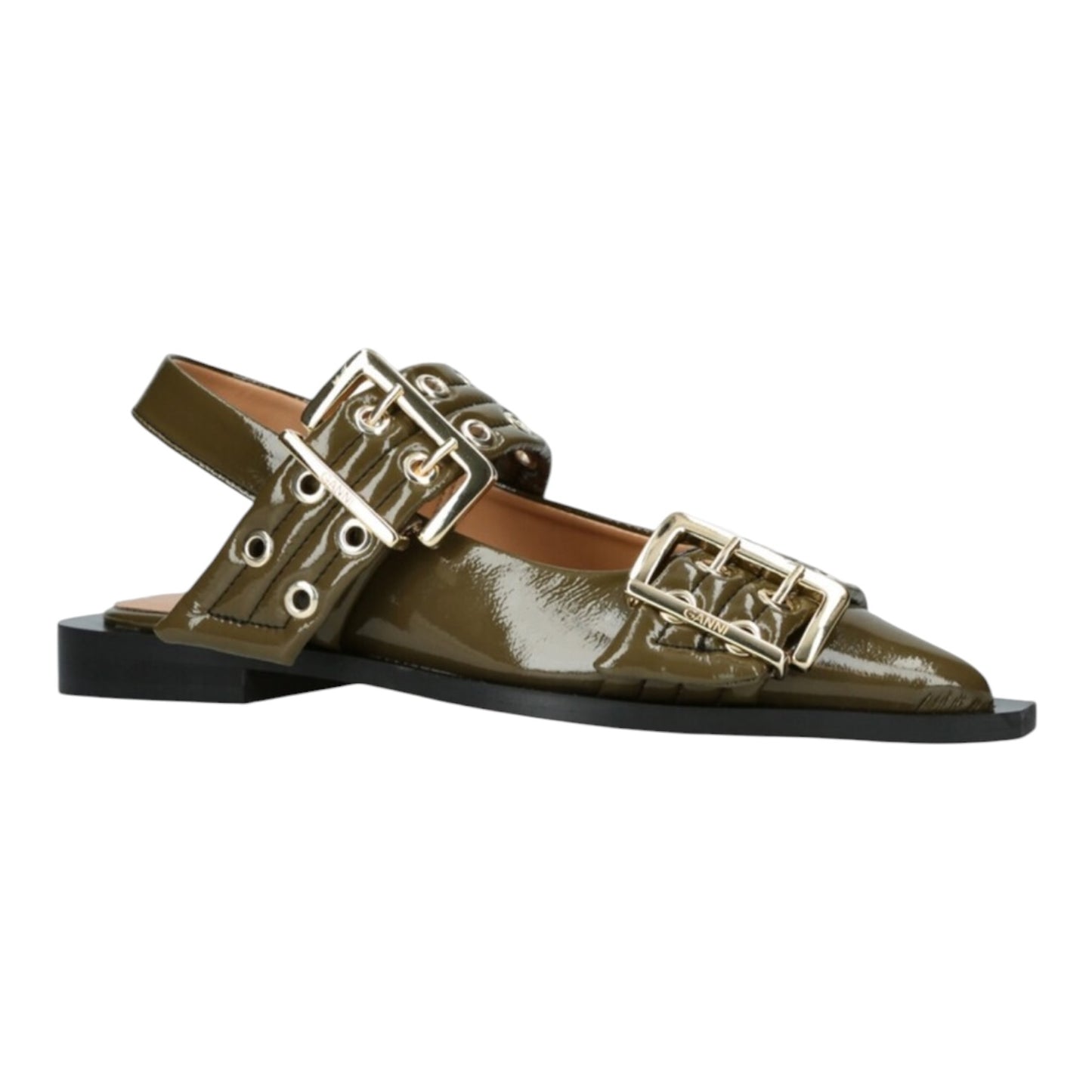 Ganni Khaki Buckle Ballerina Patent Slingback Flats - 37/4 - NEW