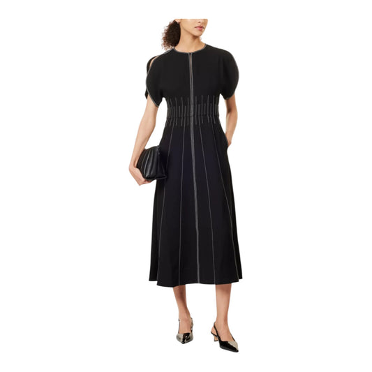 Me + Em Black Round Neck Contrast Stitch Midi Dress - 12