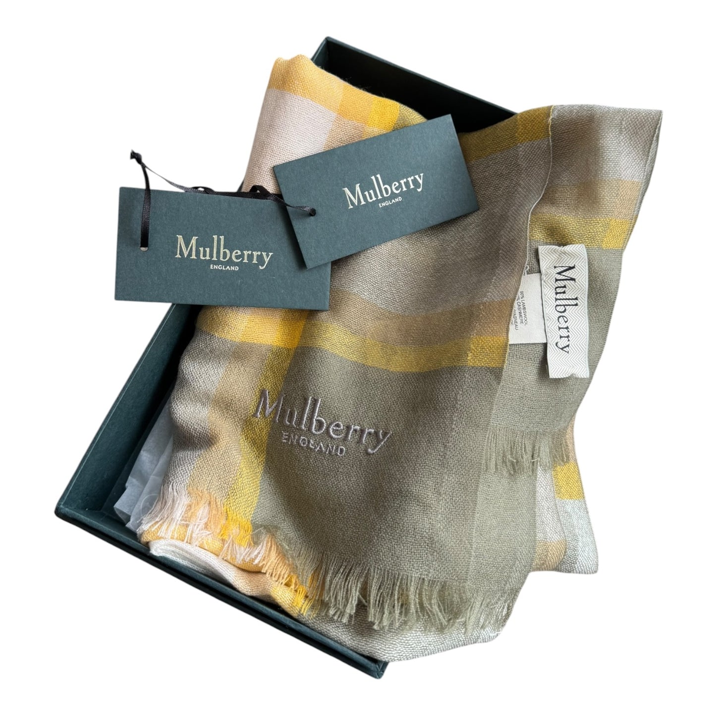 Mulberry Mega Check Green and Yellow Lightweight Scarf - NEW