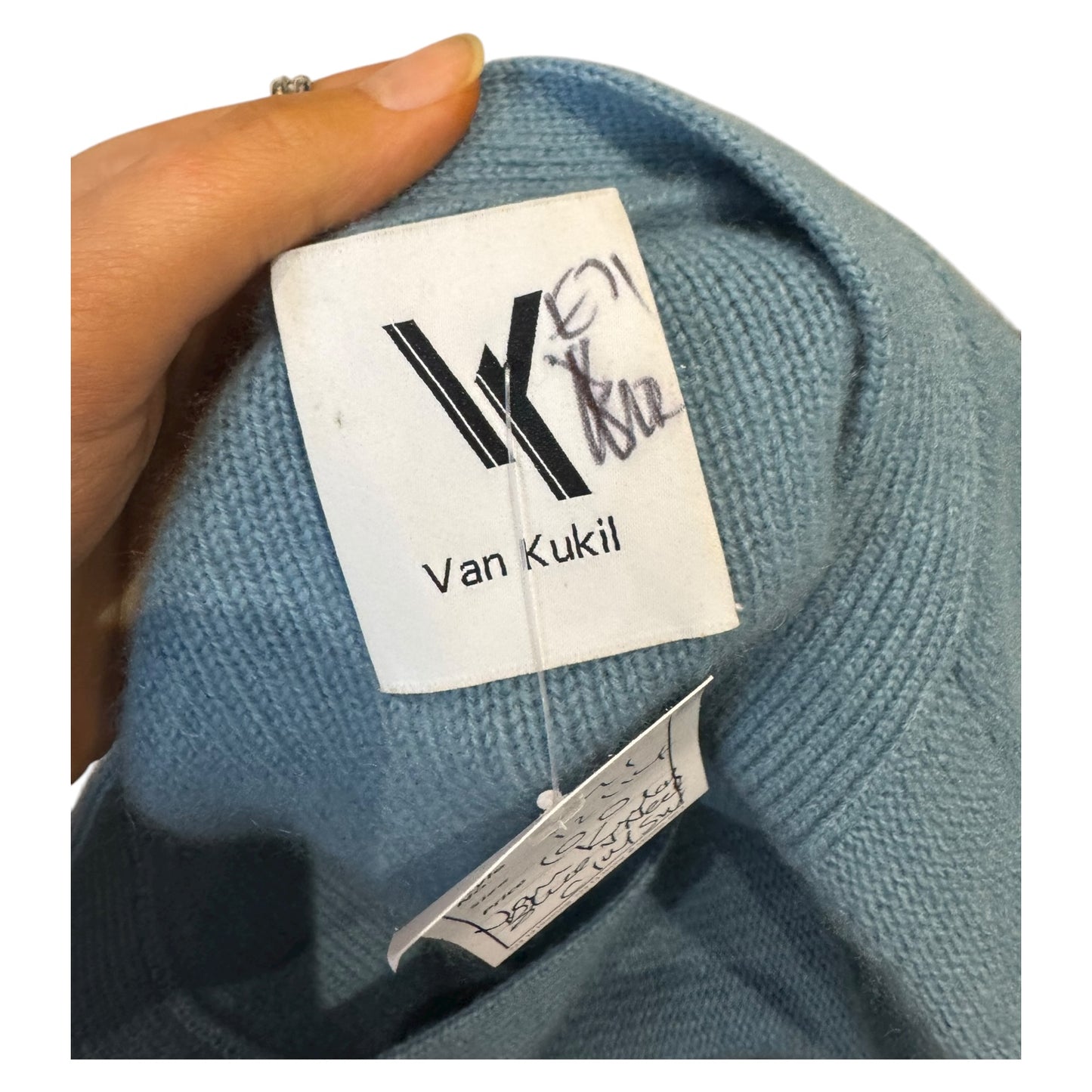 Van Kukil Duck Egg Blue Cashmere V Neck Jumper - 12/14