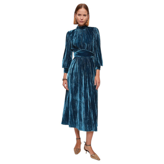 Jigsaw Blue Plisse Velvet Midi Dress - 10