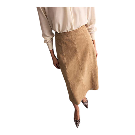 Jaeger Camel Suede Midi Column Skirt - 12 - NEW