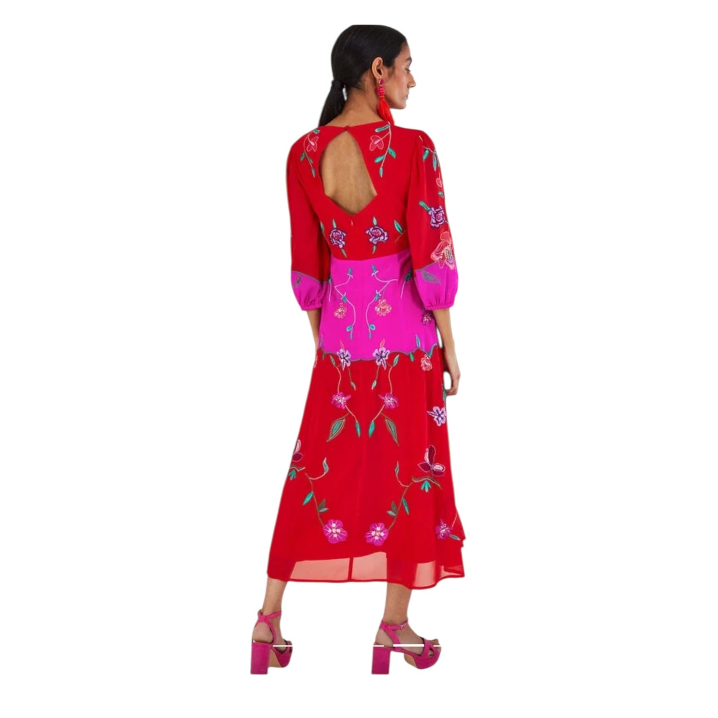 Monsoon Joanna Embellished Dress in Pink and Red - 14 - NEW