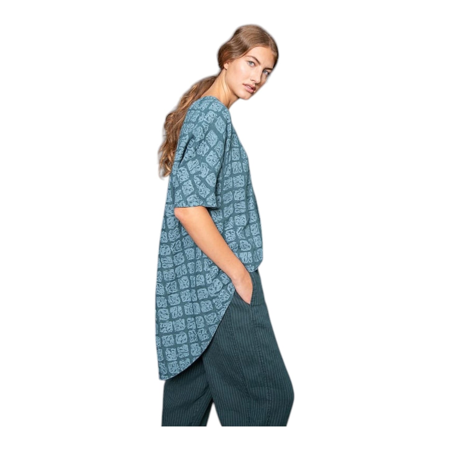 OSKA Teal Green Dip Hem Linen Top - 10/12