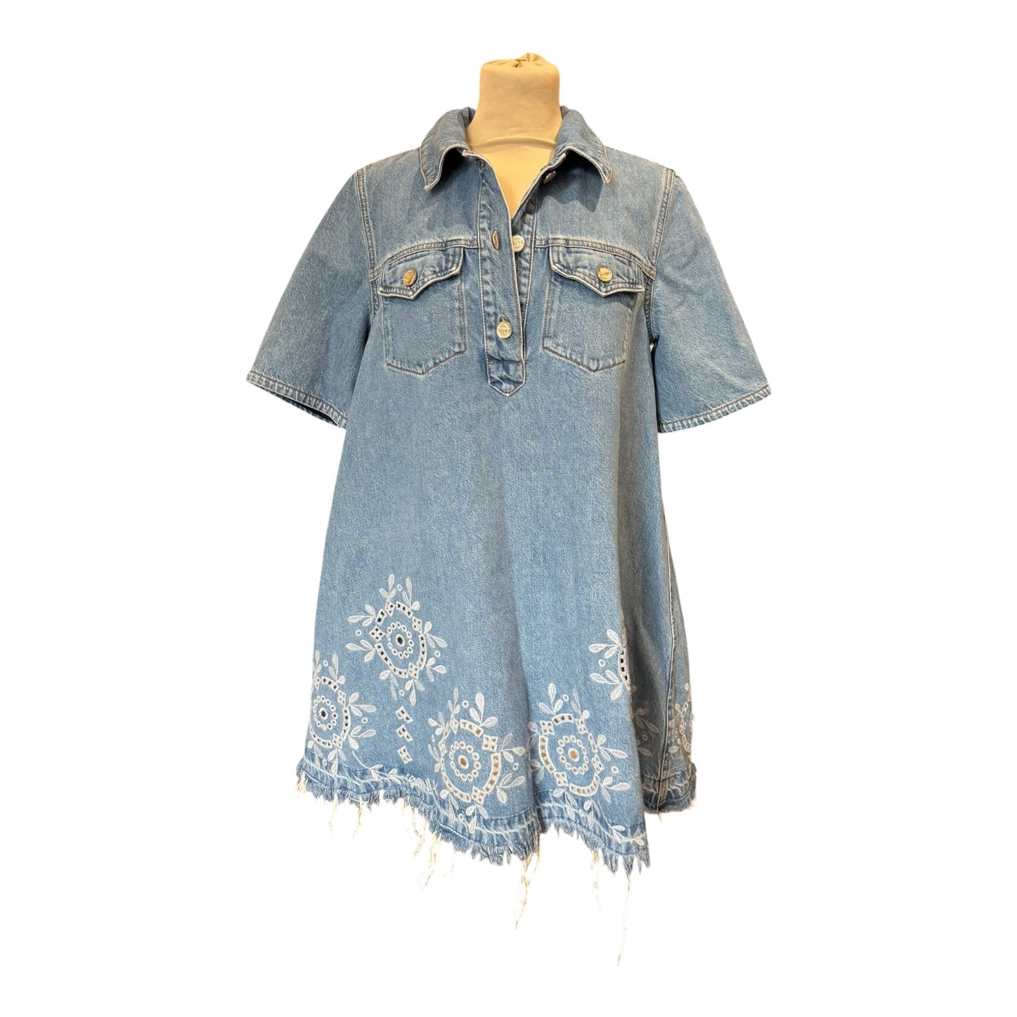 Ganni Broderie Anglaise Denim Mini Dress - 10