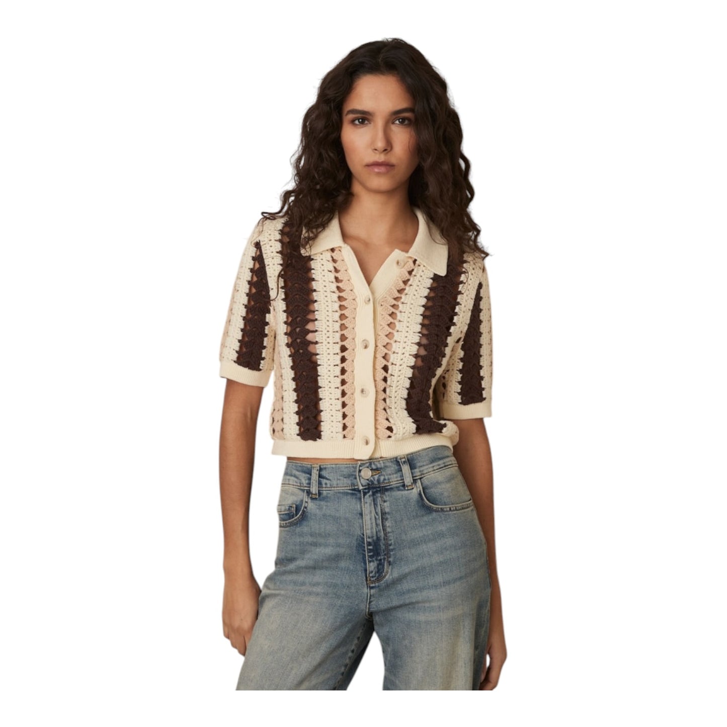 Reiss Cream Brown Roni Cotton Crochet Striped Shirt - 8/10
