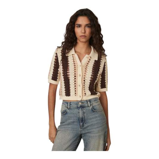 Reiss Cream Brown Roni Cotton Crochet Striped Shirt - 8/10