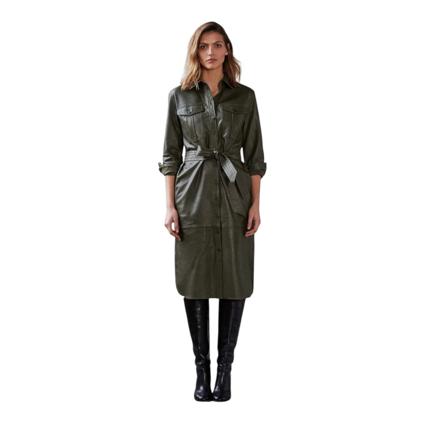 Oui Khaki Leather Coat Dress - 6/8