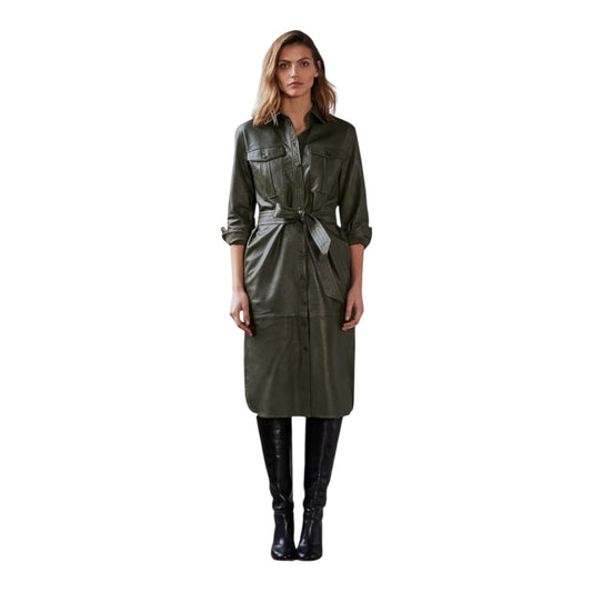 Oui Khaki Leather Coat Dress - 6/8