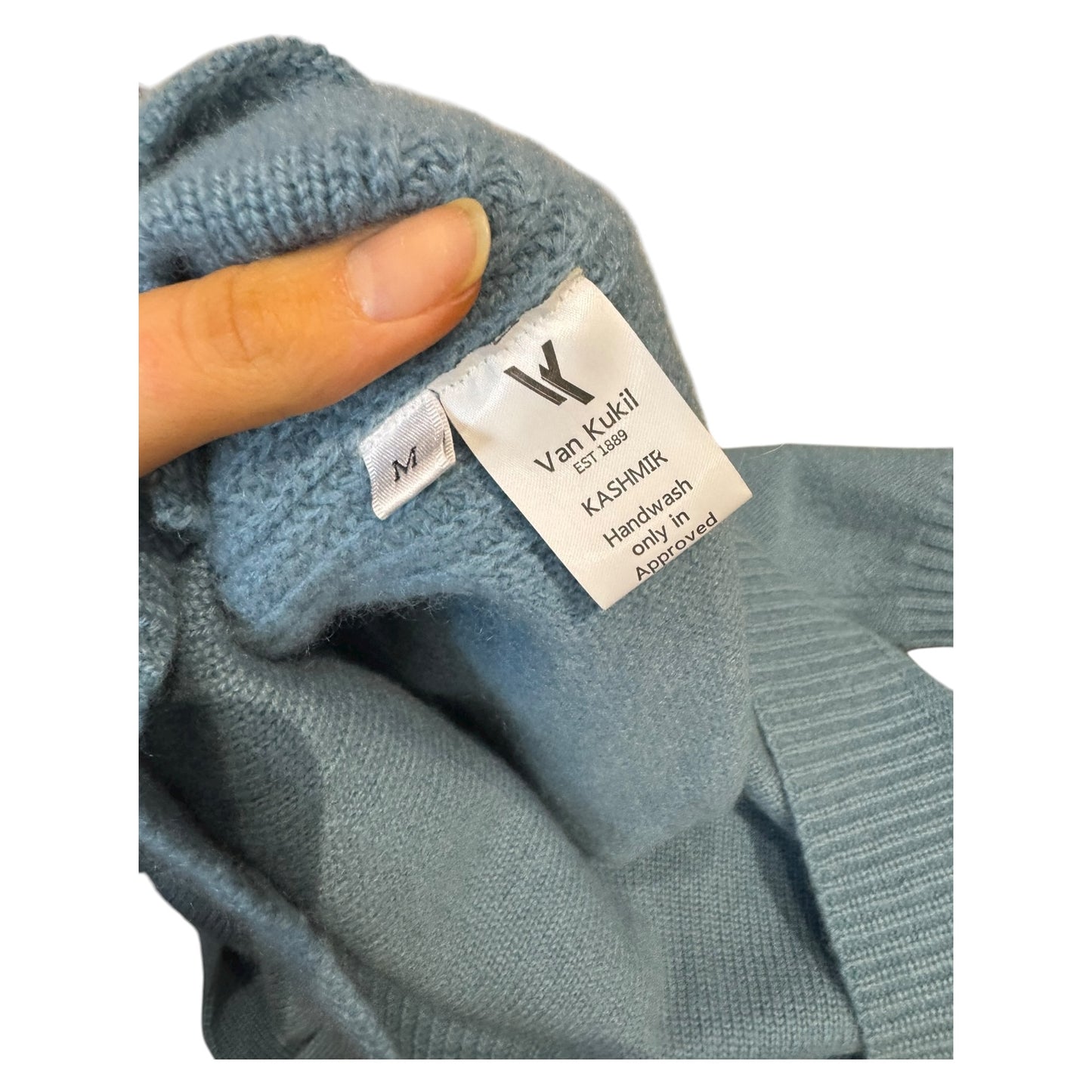 Van Kukil Duck Egg Blue Cashmere V Neck Jumper - 12/14