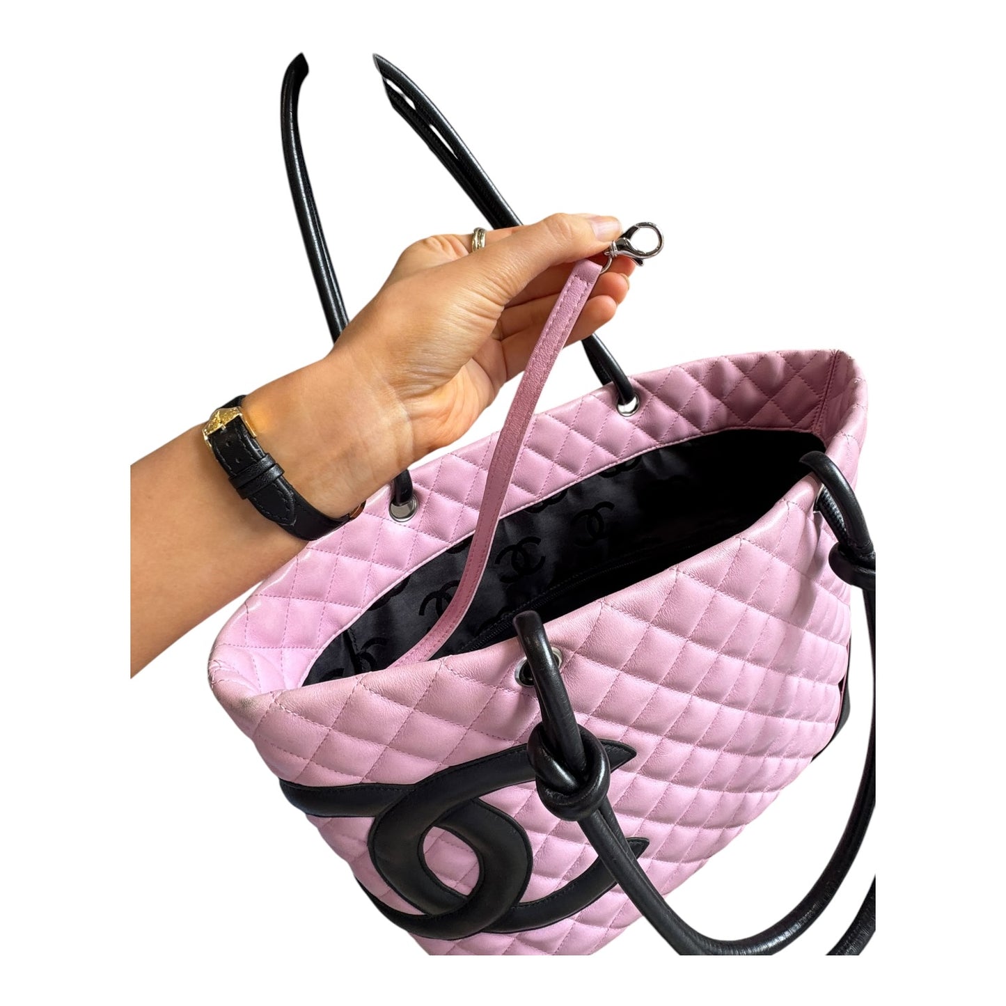 Chanel Cambon Ligne Pink and Black Quilted Tote Bag