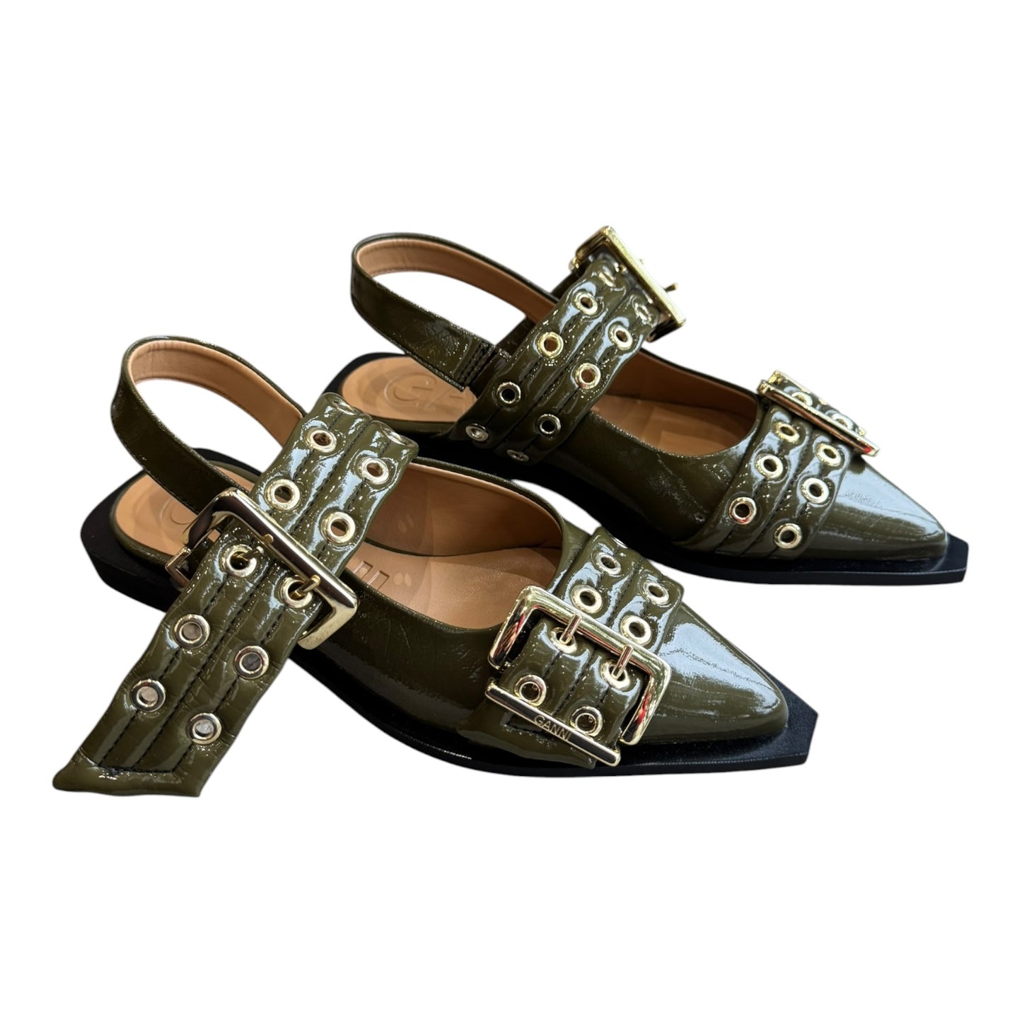 Ganni Khaki Buckle Ballerina Patent Slingback Flats - 37/4 - NEW