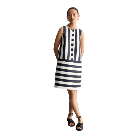 Jaeger Pure Linen Navy and White Striped Shift Dress - 18 - NEW