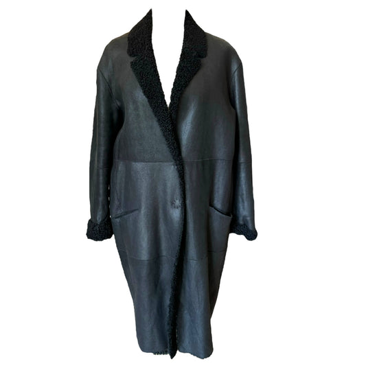 Marc Cain Black Leather Shearling Coat - 10