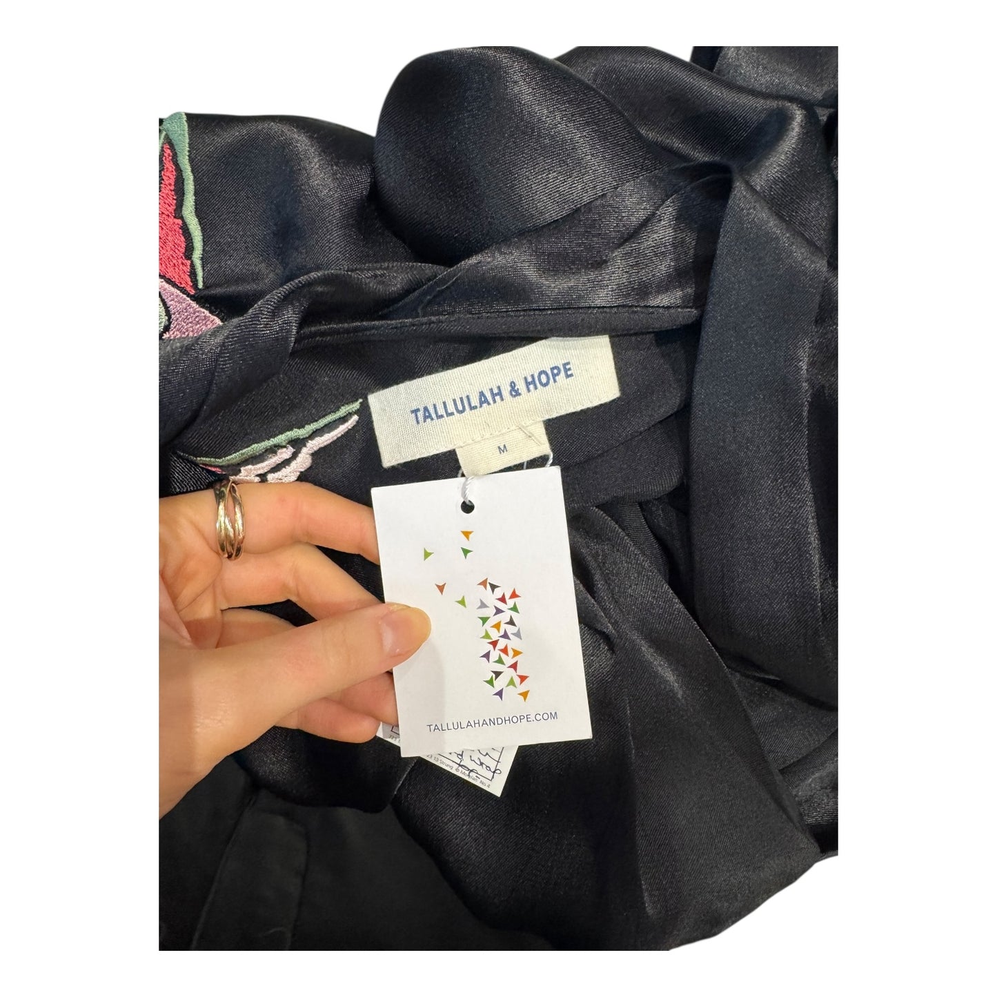 Tallulah and Hope Black Satin Bird Embroidery Wrap Top - 12 - NEW