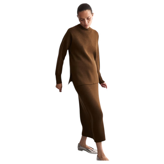 Jaeger Bronze Merino Wool Jumper and Midi Skirt - 16