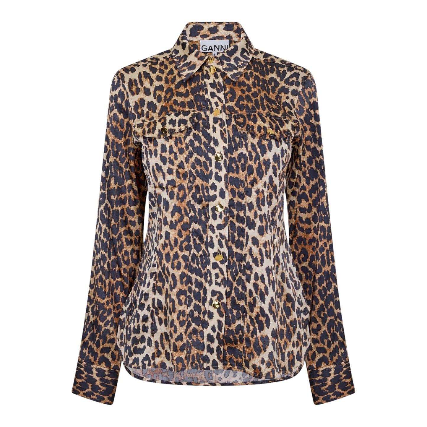 Ganni Satin Animal Print Long Sleeve Blouse - 14 - NEW