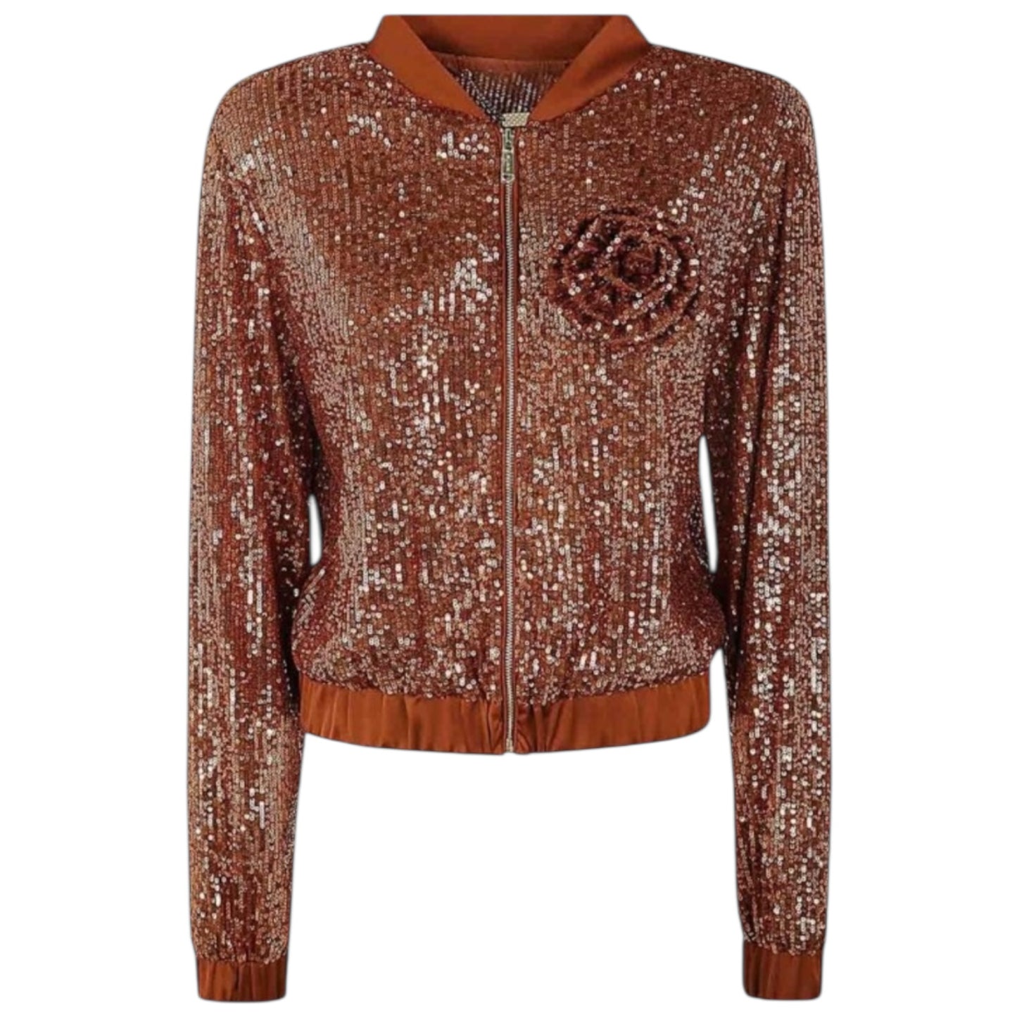 Blugirl Bronze Sequin Bomber Jacket with Rosette - 10