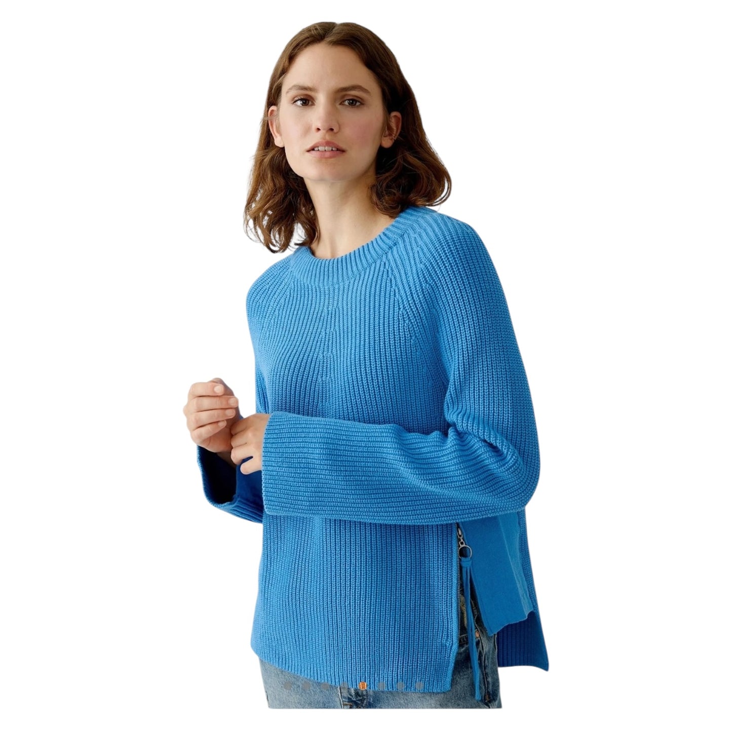 Oui Blue Cotton Rib Knit Sweater - 18