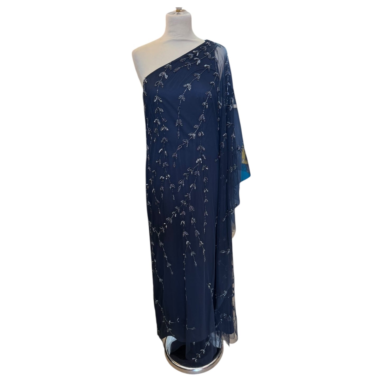 Adrianna Papell Navy Beaded One-Shoulder Evening Dress - 10