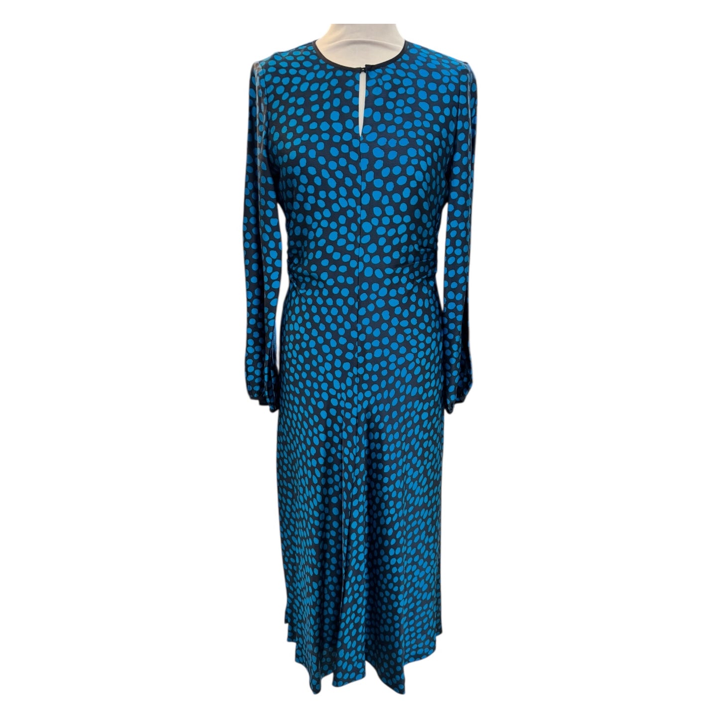 Jigsaw Cheetah Spot Ruched Midi Dress in Navy and Blue - 8 - NEW