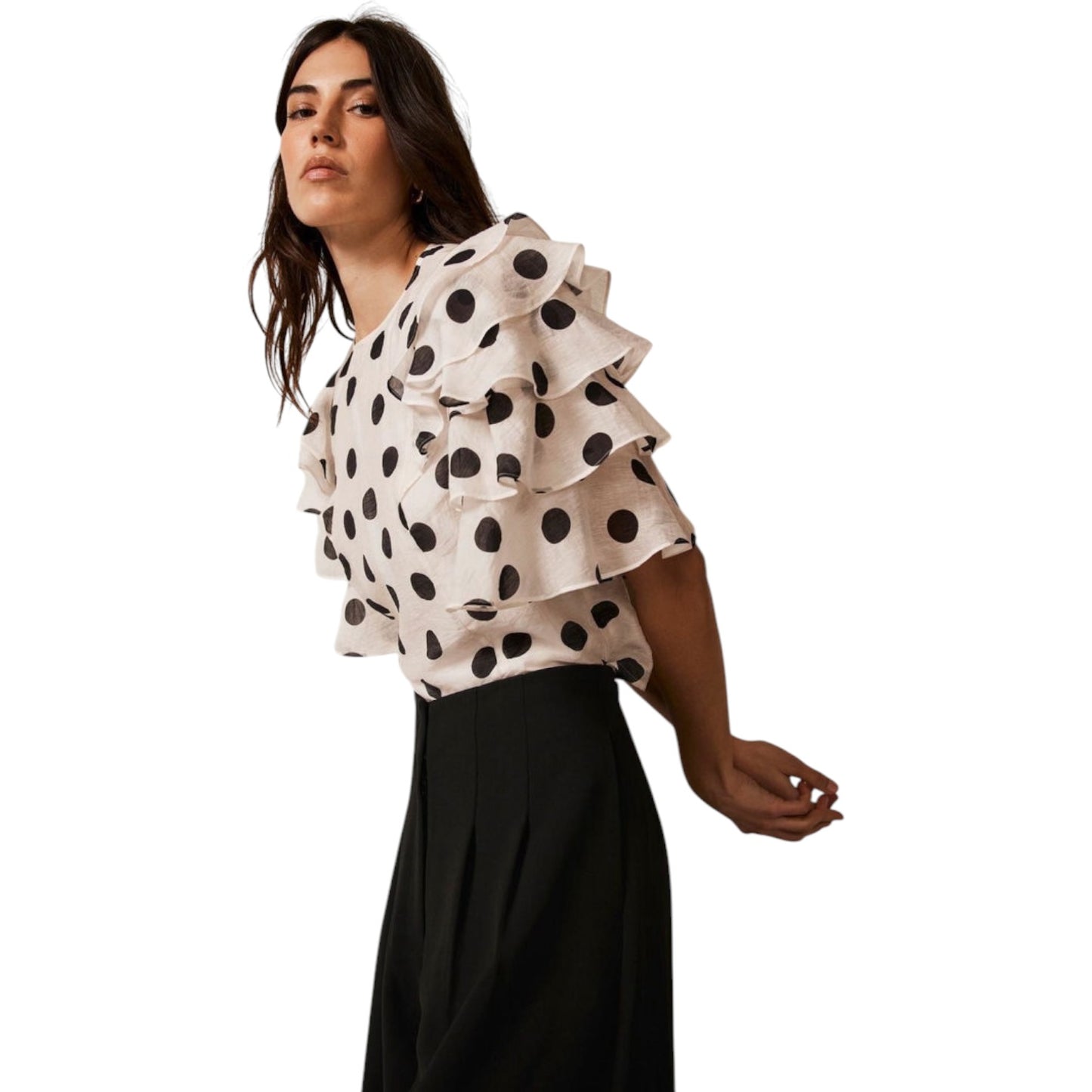 Mint Velvet Polka Dot Ruffle Linen Blend Top - 18 - NEW