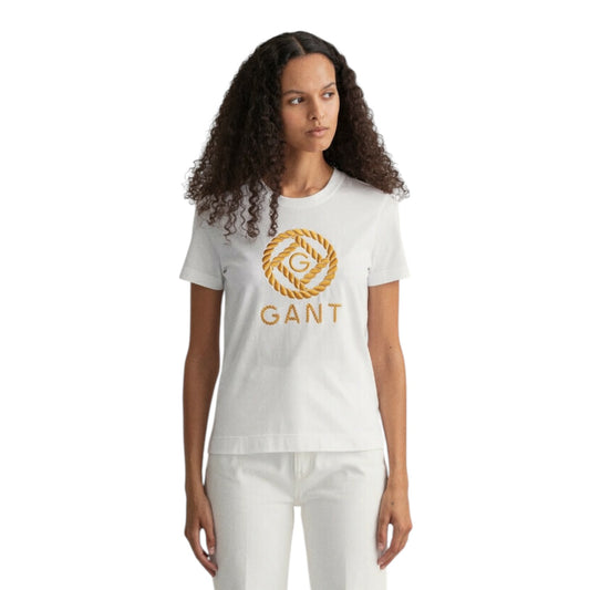 Gant White T Shirt with Gold Logo Embroidery - 12/14