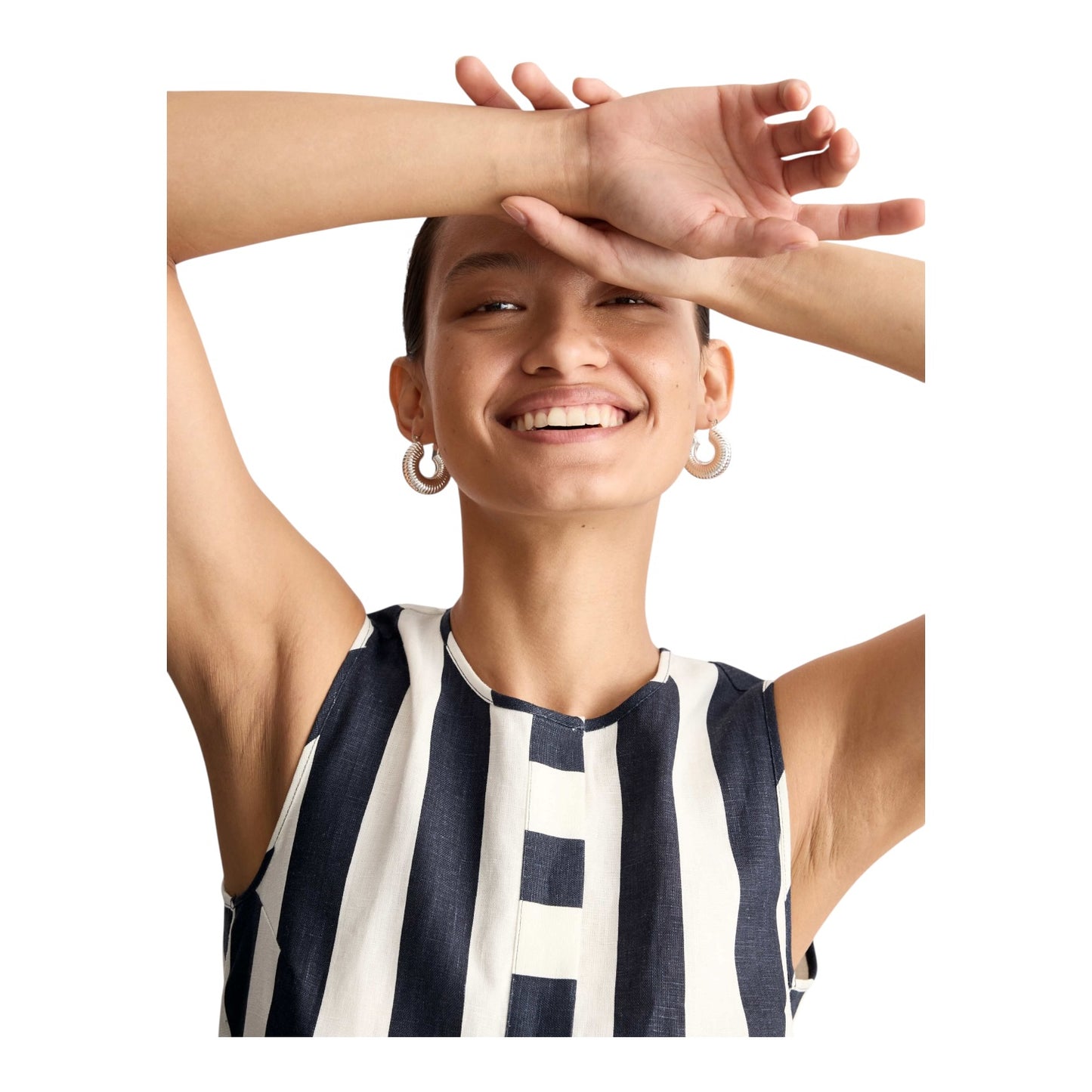 Jaeger Pure Linen Navy and White Striped Shift Dress - 18 - NEW