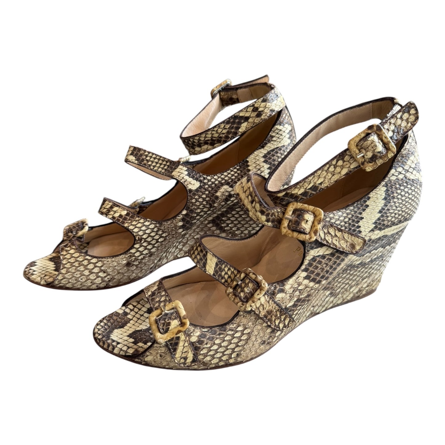 Louboutin Beige Python Buckle Wedge Heels - 41/8