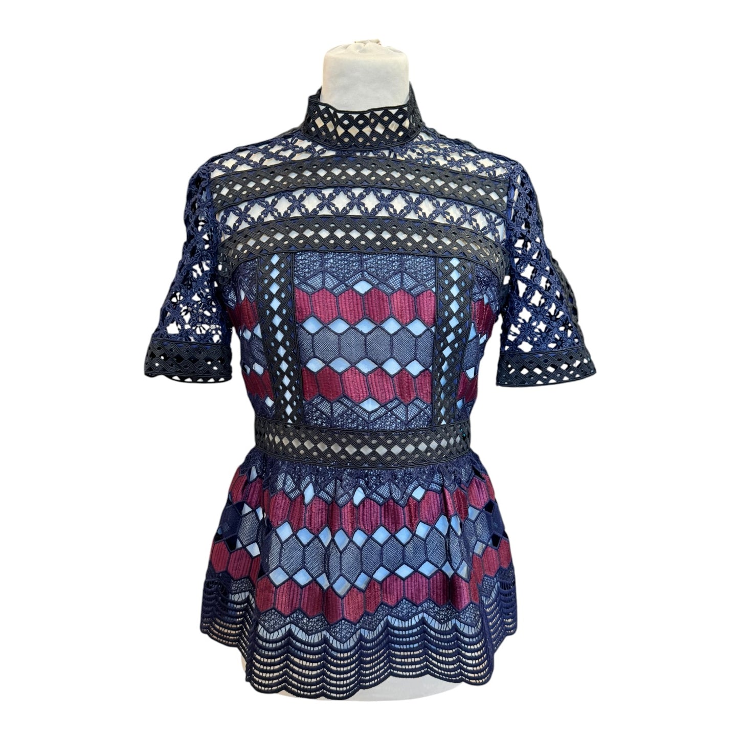 Self Portrait Navy and Burgundy Lace Top - 10
