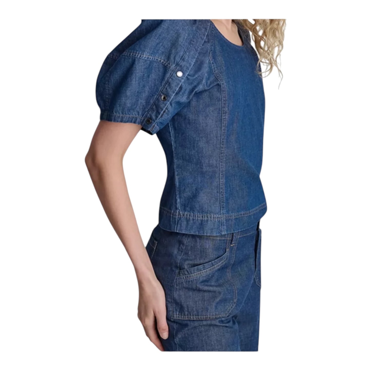 DKNY Denim Scoop Neck Puff-Sleeve Top - 12