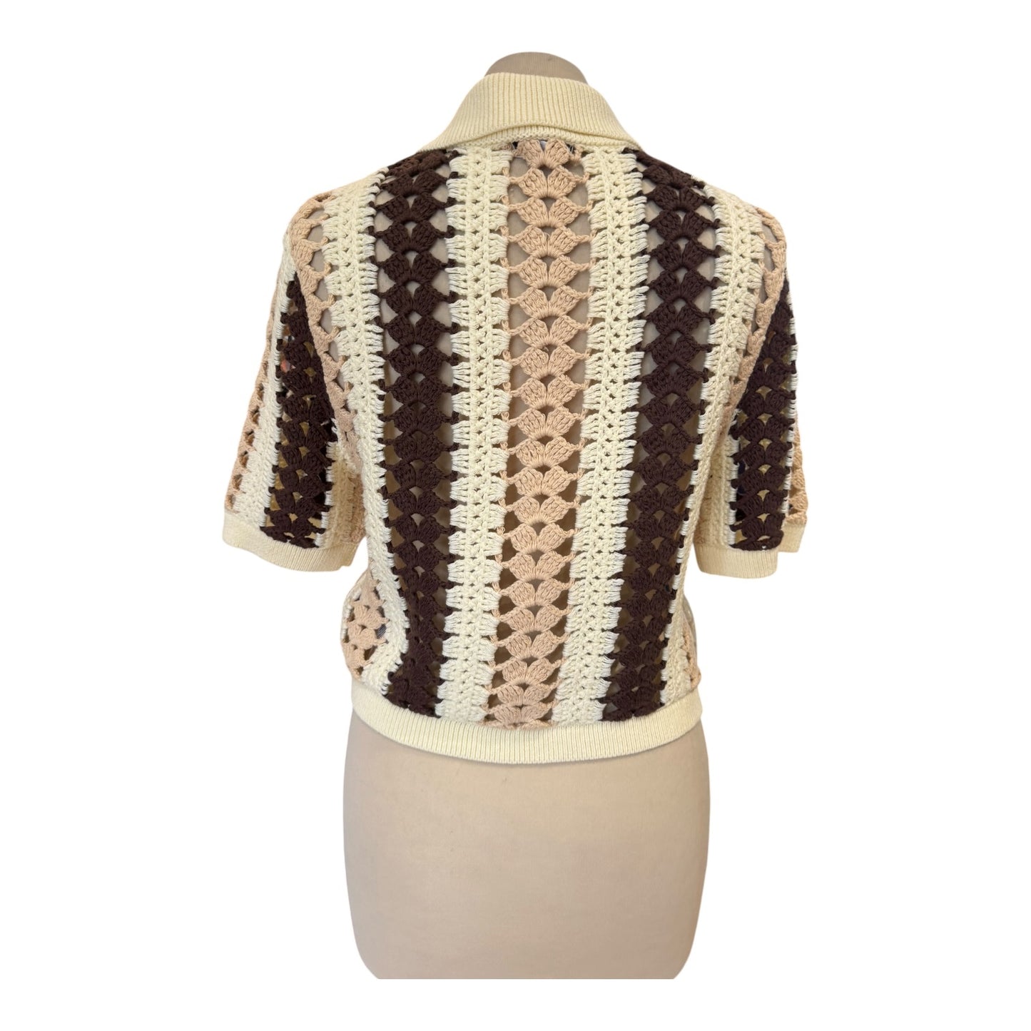 Reiss Cream Brown Roni Cotton Crochet Striped Shirt - 8/10