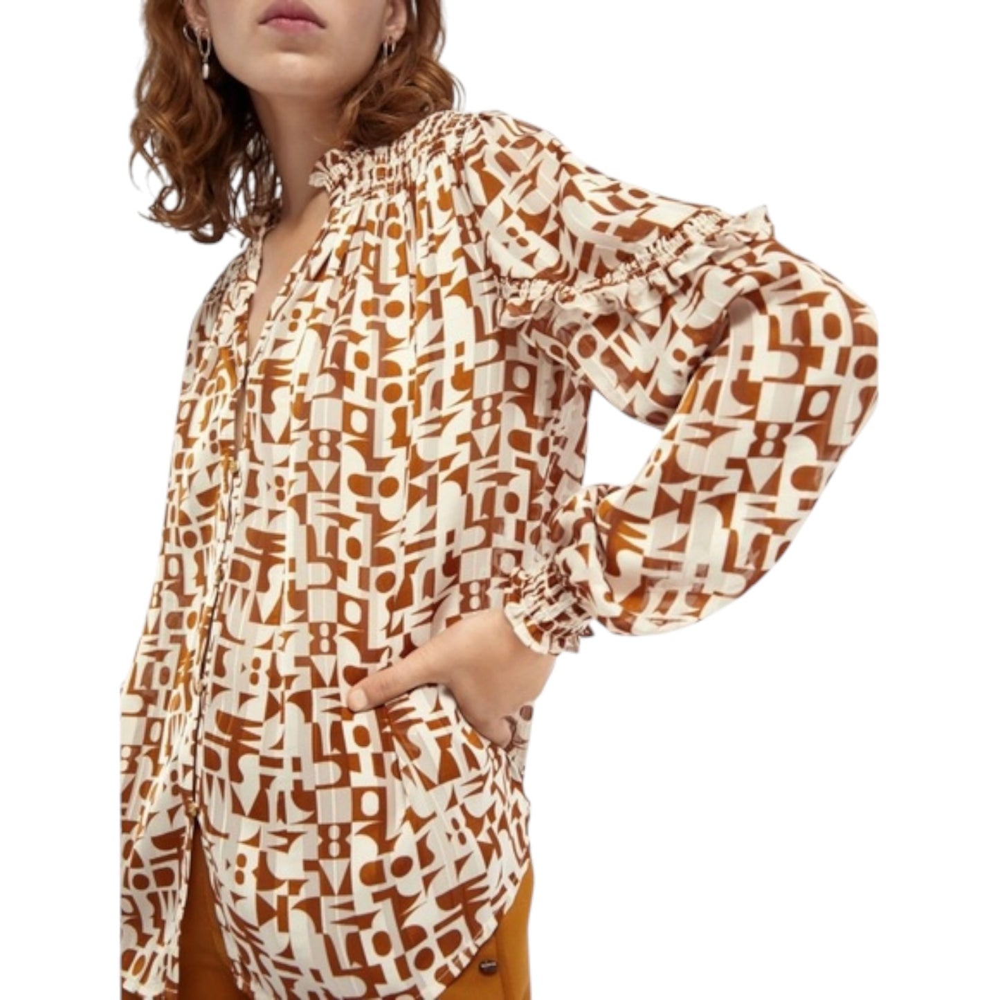 Scotch and Soda Tan Cream Patterned Blouse - 10/12