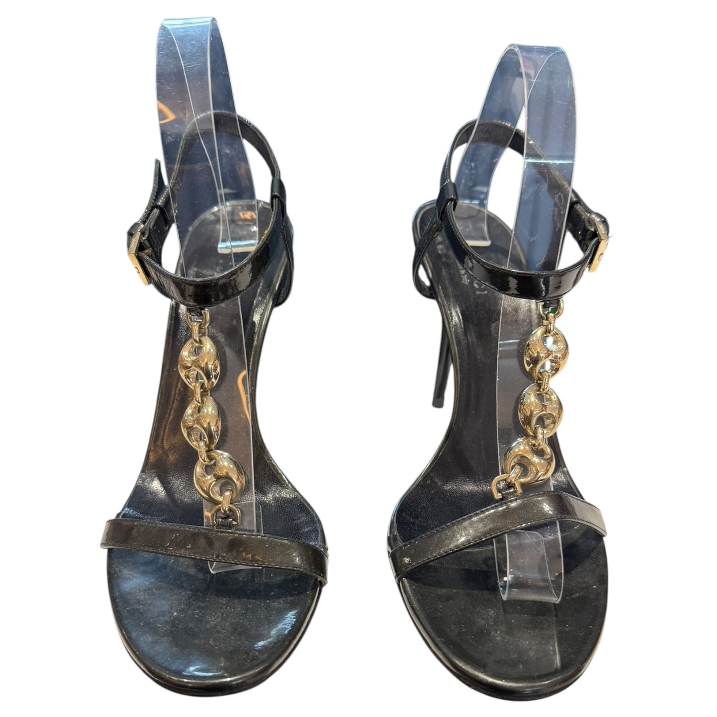 Gucci Black and Gold T Strap Heeled Sandals - 39 / 6