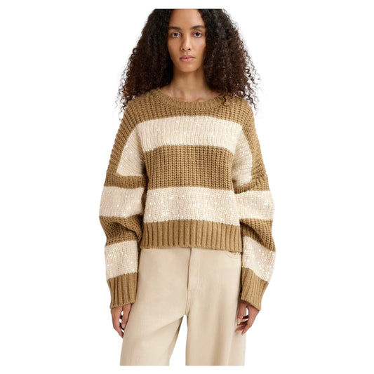 Essentiel Brown and Ecru Knit Sweater with Sequin-Embellished Stripes - 14/16 - NEW