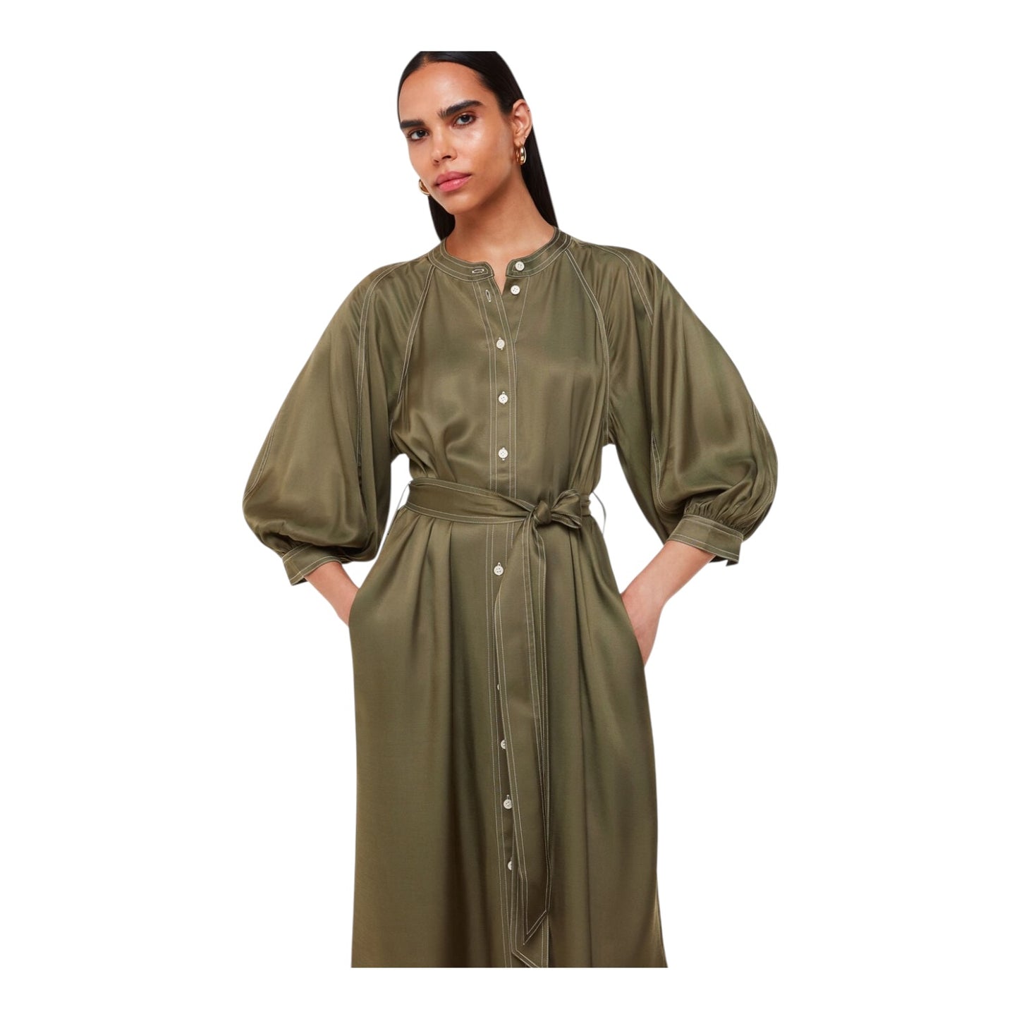 Whistles Khaki Mabel Topstitch Dress - 12
