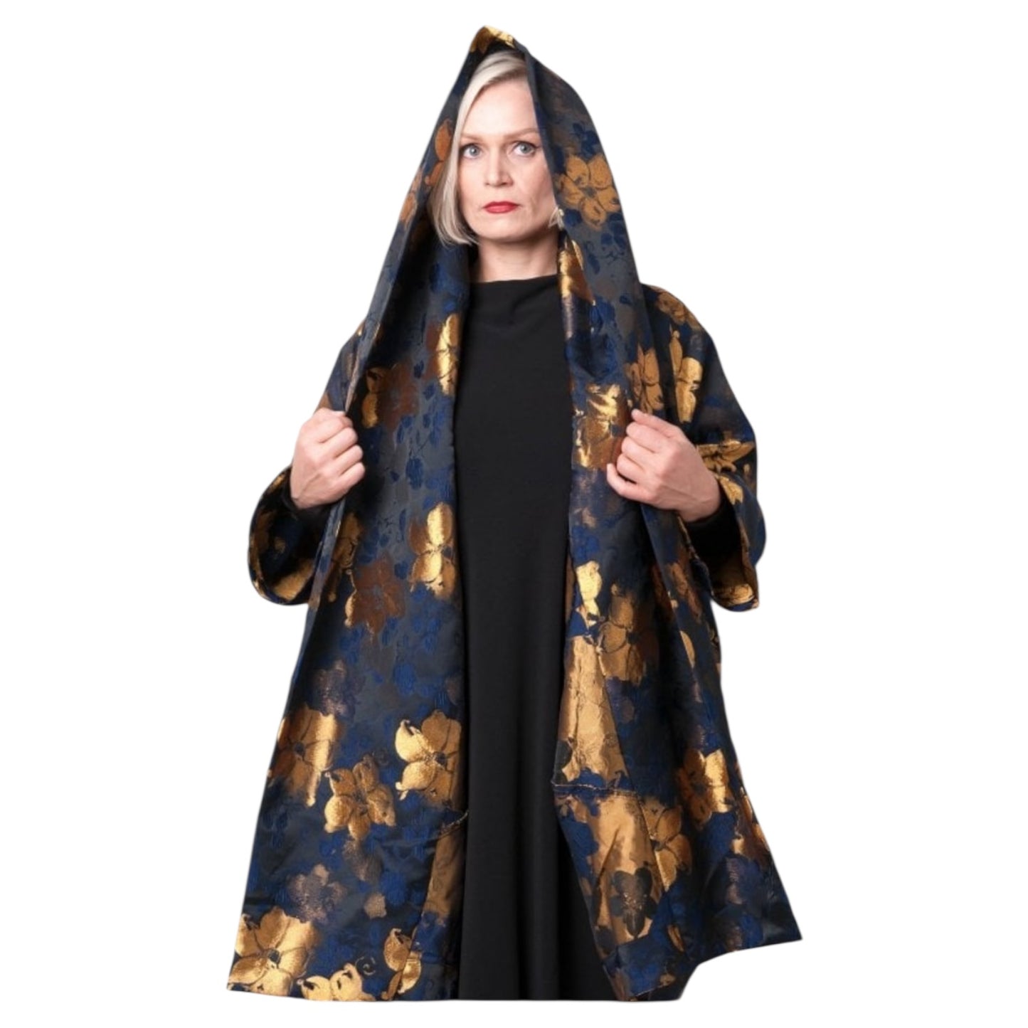 Alembika Exquisite Black Blue & Gold Flower Print Coat - One Size