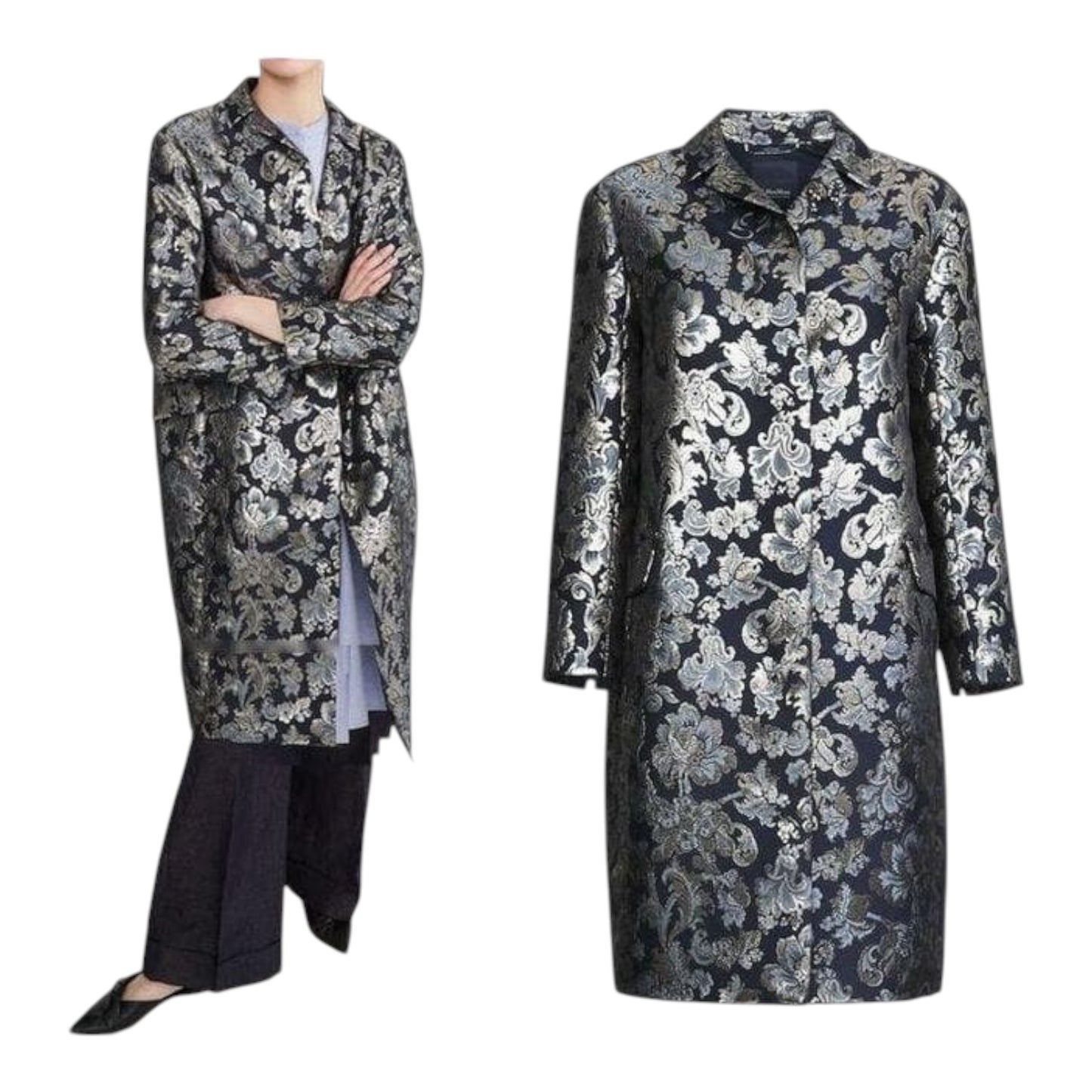'S Max Mara Navy Brocade Coat - 12