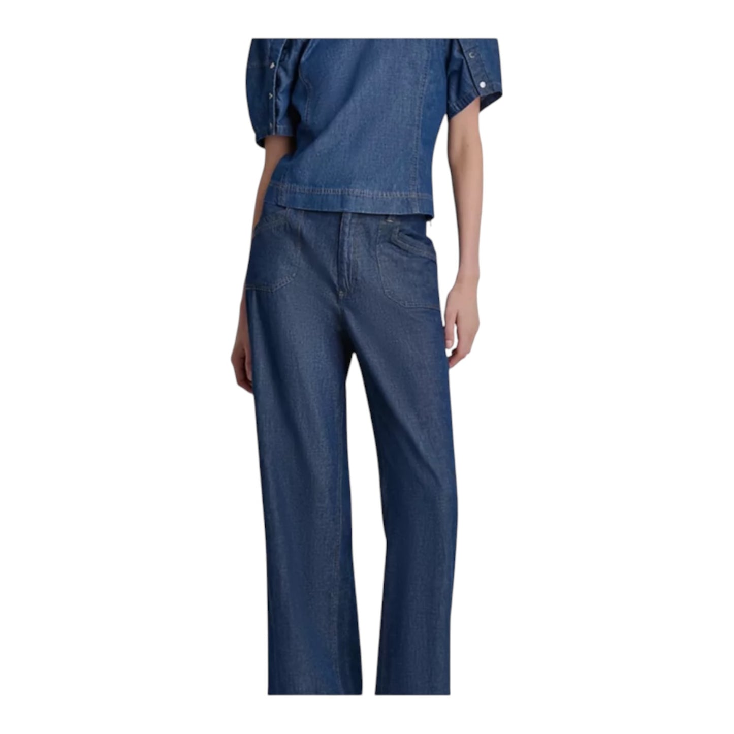DKNY Denim Scoop Neck Puff-Sleeve Top - 12