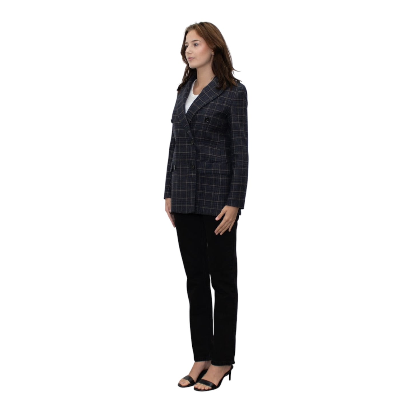 Weekend Max Mara Blue Beige Check Wool Blazer Jacket - 10