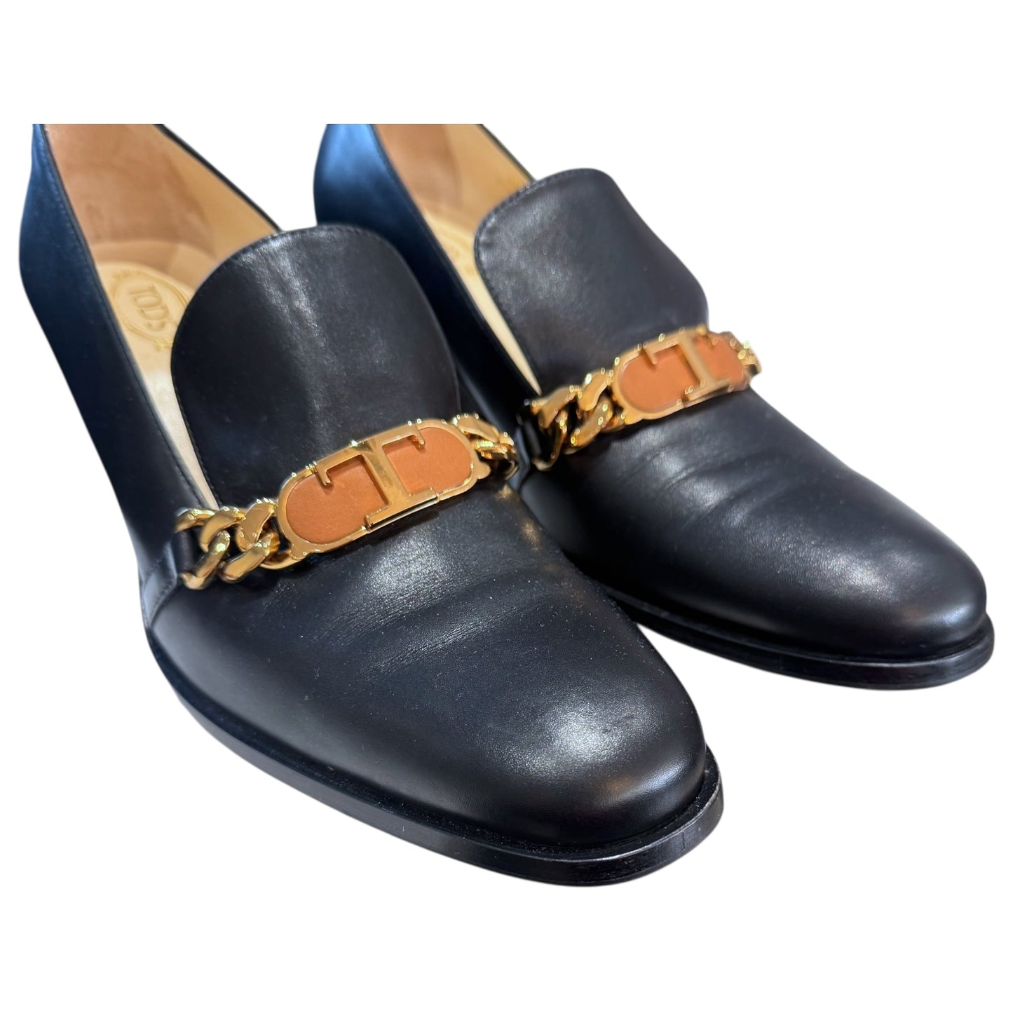 Tod's Black Leather Heeled Pumps with Gold Chain - 38/5